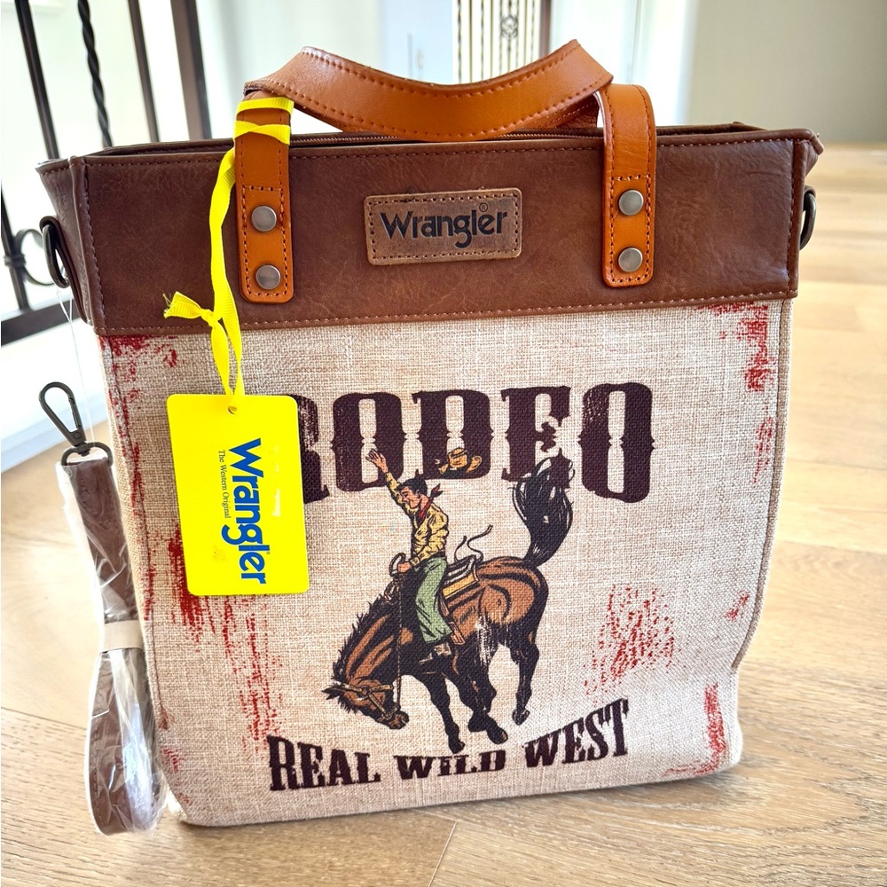 WRANGLER SOUTHWESTERN ART PRINT CROSSBODY CANVAS TOTE, RODEO, tags on